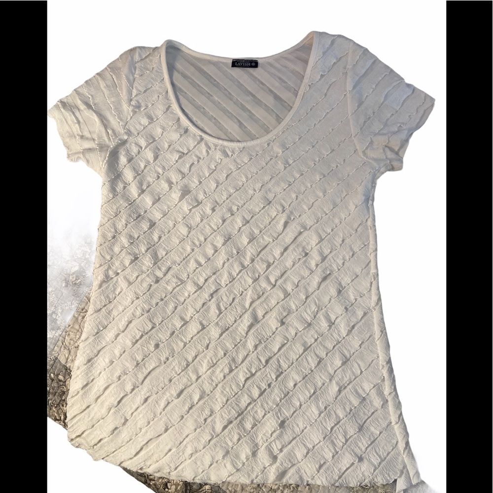 Lavish White Ruffle Layer Short Sl Scoop Neck Top